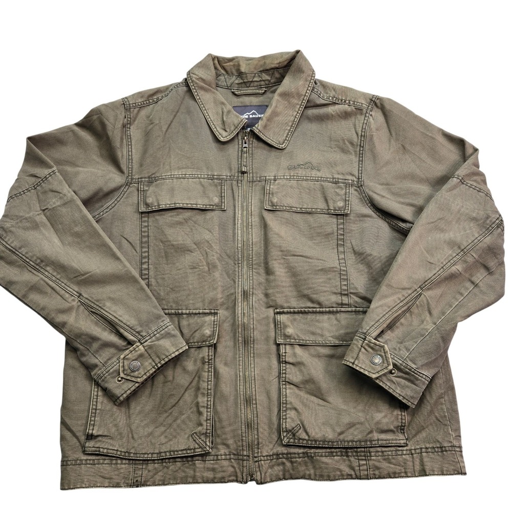 Eddie Bauer Jacket Mens 2XL Green Military Jacket Lined Collared Pockets Zip